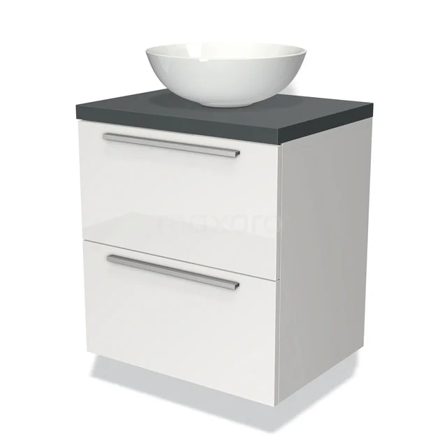 White bathroom unit with black top, ceramic countertop basin and two drawers with chrome handles.