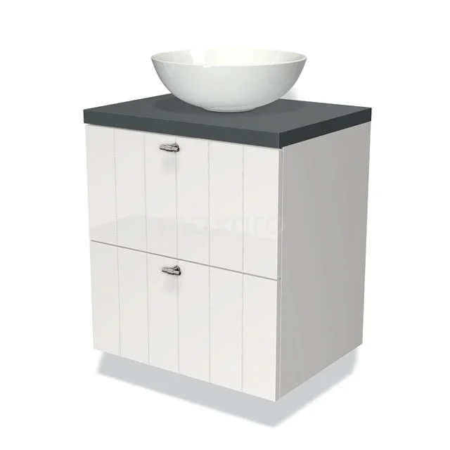 Badmöbel für Waschtischunterschrank mit Konsole 60cm Modulo Plato Hochglanz Weiß 2 Schubladen Lamelle Dunkelgrau Platte BMK17-00463 Weißes Badezimmermöbel mit grauer Waschtischplatte, keramischem Aufsatzwaschbecken und zwei Schubladen, modernes Design aus der Milano-Serie.