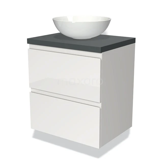 White hanging bathroom unit with round countertop wash basin, anthracite wooden worktop and two drawers for stylish and practical bathroom storage.