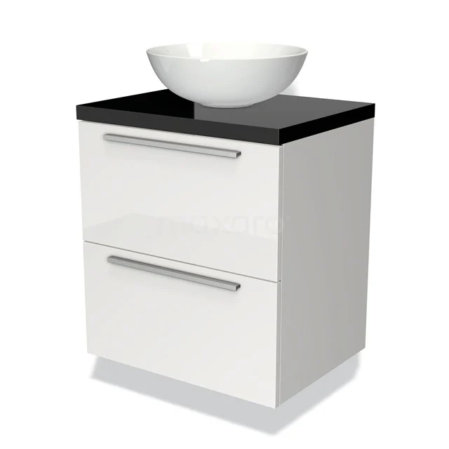 Modulo Plato Badmöbel mit Aufsatzwaschbecken | 60 cm Hochglanz Weiß Flach front Hochglanz Schwarz blatt 2 übereinanderliegende Schubladen BMK17-00465 Weißes Badezimmermöbel mit schwarzer Platte, keramischem Waschbecken und Schubladen. Modernes Design, ideal für stilvolle Bäder.