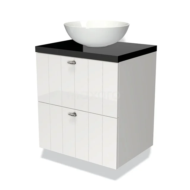 White bathroom unit with countertop wash basin, black worktop, two drawers, sleek design and modern bathroom element for storage space.