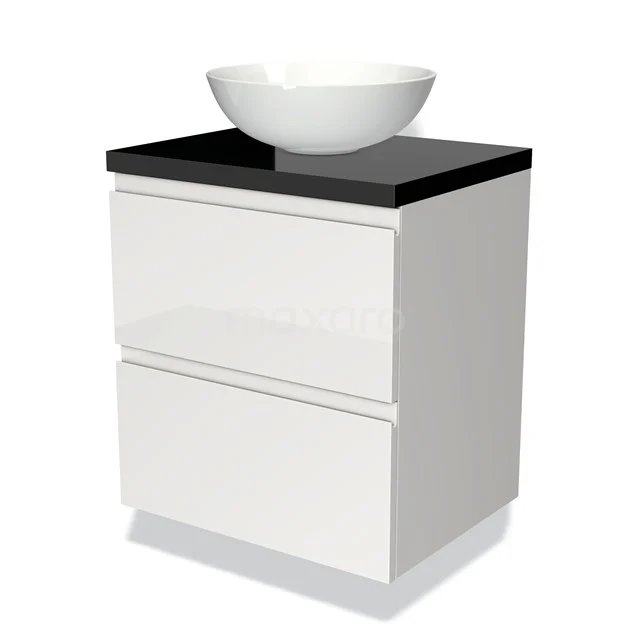 White bathroom cabinet with black glass worktop and round basin on top, modern design for stylish bathroom storage.