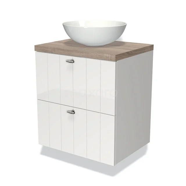 White bathroom unit with wood-look worktop, ceramic countertop wash basin and two drawers, ideal for a modern bathroom style.