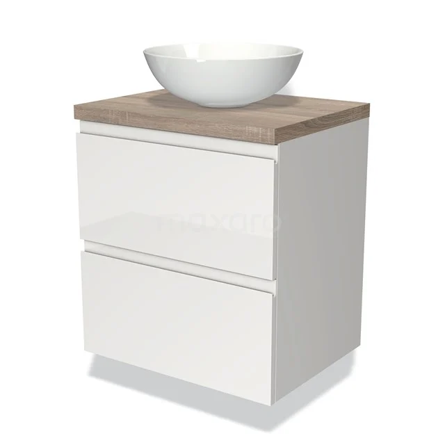White bathroom unit with wood-look worktop, ceramic bowl-shaped basin and two drawers; sleek and modern design.