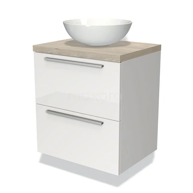 White bathroom unit with wood-look worktop, two drawers and a round white countertop wash basin; modern design for a stylish bathroom.