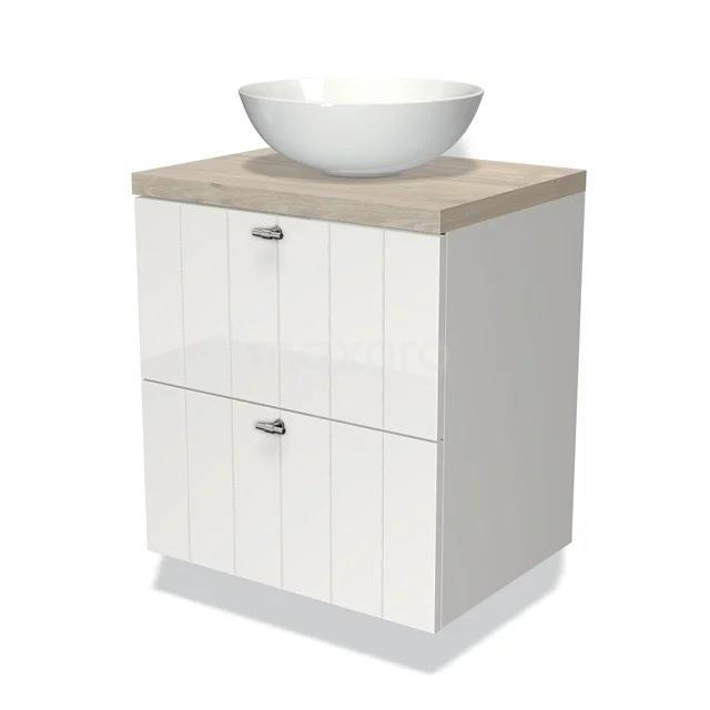 Badmöbel für Aufsatzwaschbecken 60cm Modulo Plato Hochglanz Weiß 2 Schubladen Lamelle Hellgraue Eiche Platte BMK17-00472 Weißes Badezimmermöbel mit Holzplatte, keramischem Aufsatzwaschbecken und zwei Schubladen, ideal für stilvolle Badezimmerlagerung.