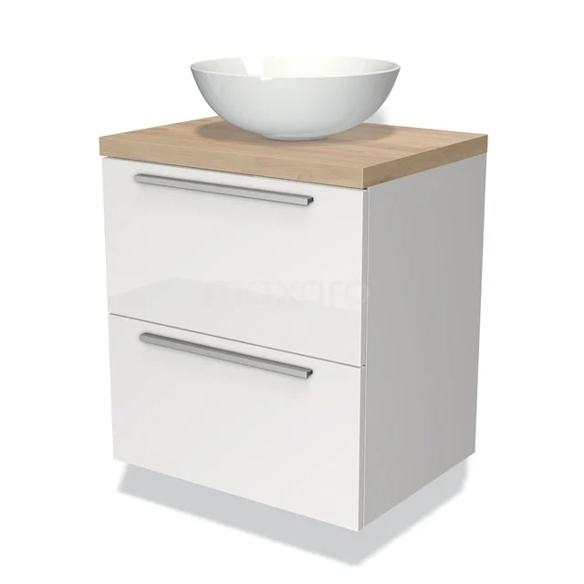 Modulo Plato Vanity units for countertop basin | 60 cm High-gloss white Flat front Light brown oak worktop 2 Stacked drawers BMK17-00474 White bathroom cabinet with two drawers, wooden top and surface-mounted basin; stylish and practical for modern bathrooms.