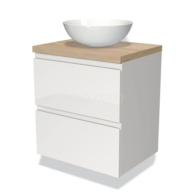 White bathroom unit with wood-look worktop and ceramic countertop basin, modern design with 2 soft-close drawers for cloakroom.