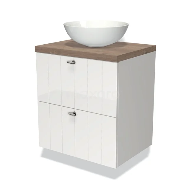 Modulo Plato Badmöbel mit Aufsatzwaschbecken | 60 cm Hochglanz Weiß Lamelle front Mittelbraune Eiche blatt 2 übereinanderliegende Schubladen BMK17-00478 Weißes Badezimmermöbel mit Holzlook Platte, rundem Aufsatzwaschbecken und 2 Schubladen mit metallischen Haltegriffen. Perfekt für einen modernen Badezimmerstil.