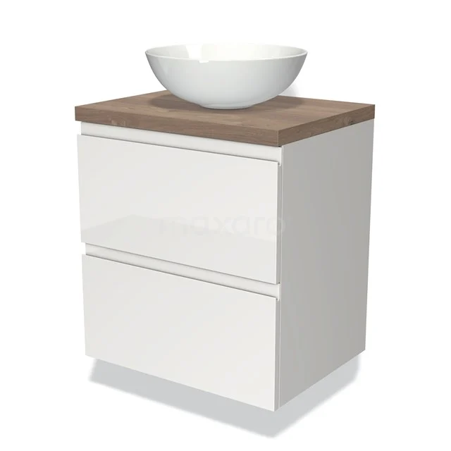 Badmöbel für Aufsatzwaschbecken 60cm Modulo Plato Hochglanz Weiß 2 Schubladen Grifflos mittelbraune Eiche Platte BMK17-00479 Weißes Badezimmermöbel mit Holzplatte und rundem, weißem Aufsatzwaschbecken, kompaktes Design mit zwei Schubladen für praktischen Stauraum.