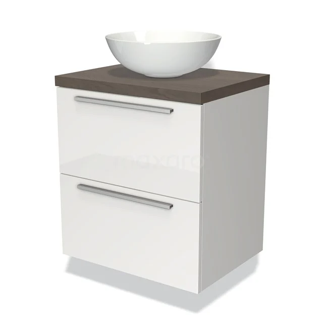 Weißes Badezimmermöbel mit Holzplatte, rundem Waschbecken, zwei Schubladen und chromfarbenen Haltegriffen, modernes Design für kompakte Bäder.