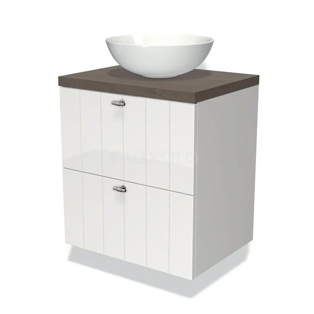 Badmöbel für Waschtischunterschrank mit Konsole 60cm Modulo Plato Hochglanz Weiß 2 Schubladen Lamelle Dunkelbraune Eiche Platte BMK17-00481 Weißes Badezimmermöbel mit Holzlook Platte, keramischem Aufsatzwaschbecken und 2 Schubladen mit silbernen Haltegriffen, zeitgemäßes Design.