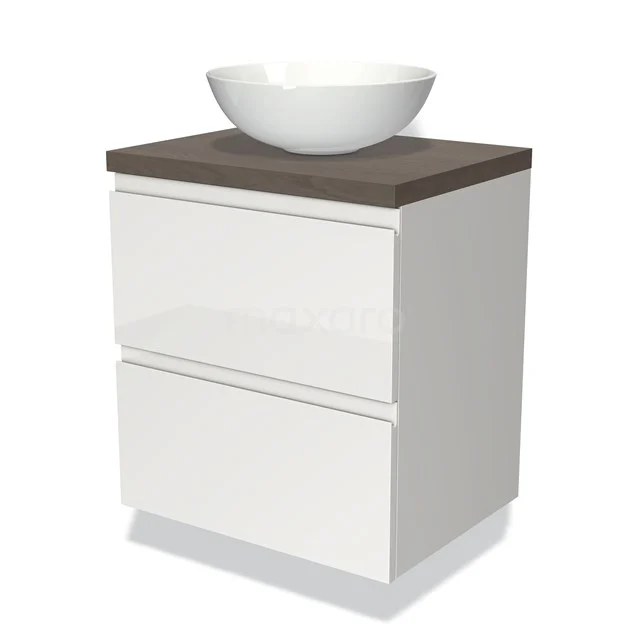 Weißes Badezimmermöbel mit Holzlook Platte, zwei Schubladen und einem runden keramischen Waschbecken, modernes Design für ein stilvolles Badezimmer.