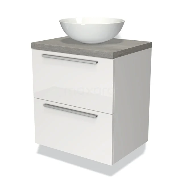 White Bathroom unit with two drawers, concrete grey worktop and round ceramic basin; modern design for compact bathrooms.