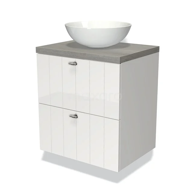 Modulo Plato Badmöbel mit Aufsatzwaschbecken | 60 cm Hochglanz Weiß Lamelle front Graue Eiche blatt 2 übereinanderliegende Schubladen BMK17-00484 Weißes Badezimmermöbel mit keramischem Aufsatzwaschbecken, grauer Platte und zwei Schubladen; modern und kompakt für kleinen Badezimmerraum.