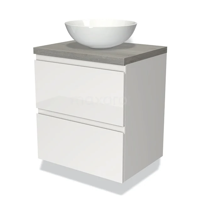 Modulo Plato Badmöbel mit Aufsatzwaschbecken | 60 cm Hochglanz Weiß Grifflos front Graue Eiche blatt 2 übereinanderliegende Schubladen BMK17-00485 Weißes Badezimmermöbel mit grauer Betonplatte und rundem Aufsatzwaschbecken, modernes Design mit zwei Schubladen.