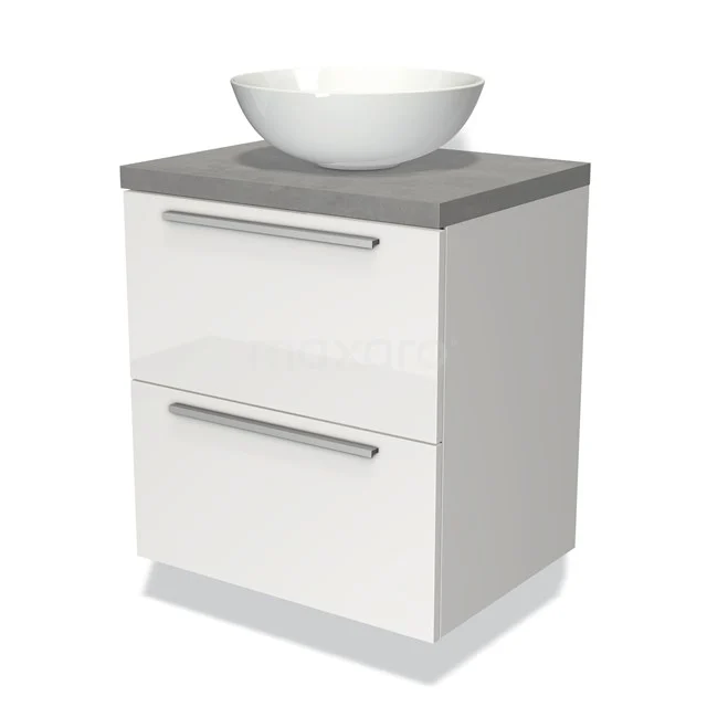 White bathroom unit with grey worktop and round countertop wash basin, modern bathroom cabinet with two drawers and chrome handles.