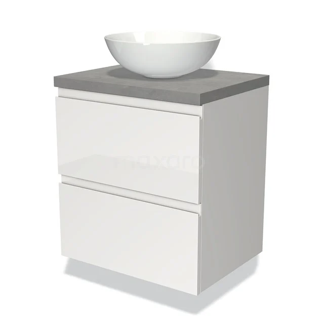 Badmöbel für Aufsatzwaschbecken 60cm Modulo Plato Hochglanz Weiß 2 Schubladen Grifflos Hellgrauer Beton Platte BMK17-00488 Weißes Badezimmermöbel mit zwei Schubladen, graue Platte und Aufsatz Waschbecken, modernes Design aus hochglanzverarbeitetem Material.