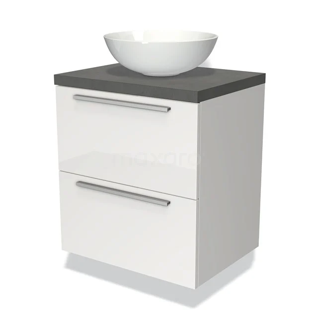 Weißes Badezimmermöbel mit zwei Schubladen, graue Holzoptik Platte und rundes Waschbecken; kompaktes Design, ideal für ein modernes Badezimmer.