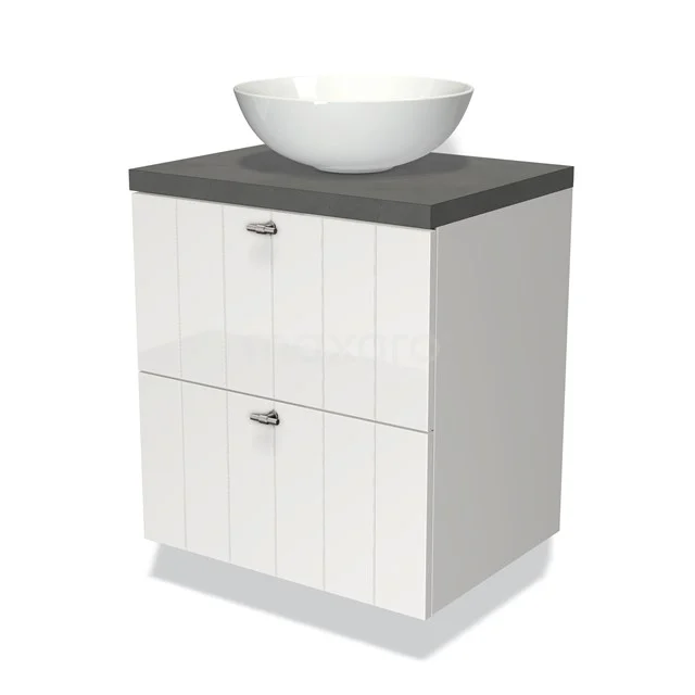 Weißes Badmöbel mit grauer Waschtischplatte und runder weißer Waschbecken; modernes Design, ideal für stilvolle Bäder.