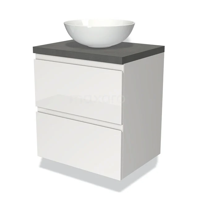 Weißes hängendes Badmöbel mit zwei Schubladen, graue Platte und runde keramische Aufsatzwaschbecken, straff modernes Design.