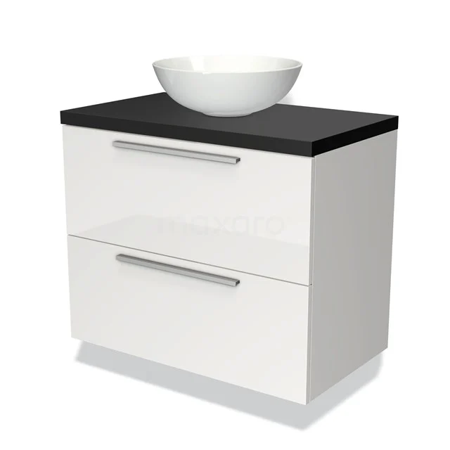 White glossy bathroom unit with black top and round basin; modern design, ideal for a sleek bathroom style.