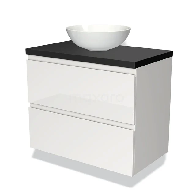 Badmöbel für Aufsatzwaschbecken 80cm Modulo Plato Hochglanz Weiß 2 Schubladen Grifflos Matt Schwarz Platte BMK17-00494 Weißes Badmöbel mit zwei Schubladen, schwarzer Platte und rundem Waschbecken, modernes Design für stilvolle Bäder.