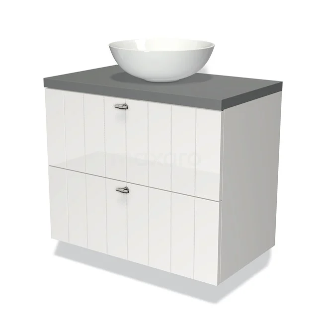 Weißes Badezimmermöbel mit grauem Steinlook Waschtischplatte, einschließlich runder weißer Aufsatzwaschbecken, modernes Design mit zwei Schubladen.