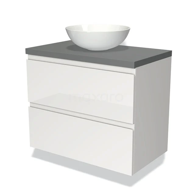 Weißes Hochglanz-Badmöbel mit grauer Platte und rundem Waschbecken, modernes Design für stilvolle Bäder.