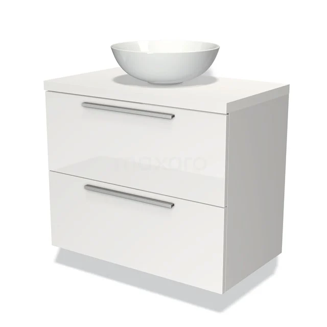 Waschtischunterschrank mit Konsole 80cm Modulo Plato Hochglanz Weiß 2 Schubladen Flach Matt Weiß Platte BMK17-00498 Weißes Badezimmermöbel mit zwei Schubladen, chromatischen Haltegriffen und einem runden Aufsatzwaschbecken, ideal für einen modernen Stil im Badezimmer.