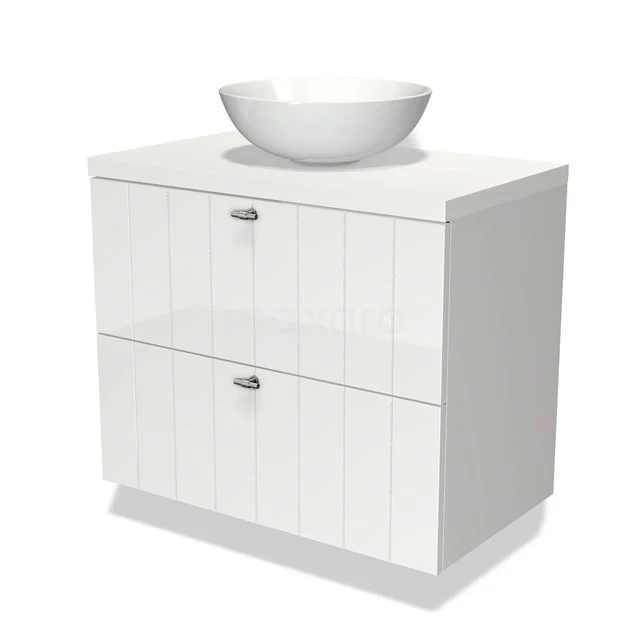 Weißes Holz Badezimmermöbel mit zwei Schubladen und einem runden Aufsatzwaschbecken, ideal für moderne Bäder.