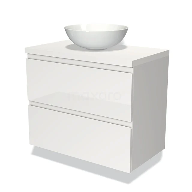 Waschtischunterschrank mit Konsole 80cm Modulo Plato Hochglanz Weiß 2 Schubladen Grifflos Matt Weiß Platte BMK17-00500 Weißes Badezimmermöbel mit zwei Schubladen und keramischem Waschbecken, modernes Design, ideal für die moderne Badezimmergestaltung.