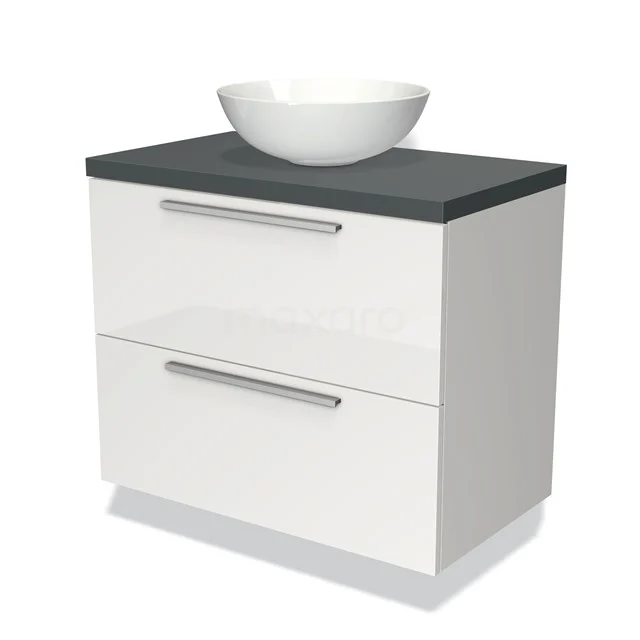 White Bathroom unit with two drawers, anthracite worktop and round basin; sleek design, ideal for modern bathrooms.
