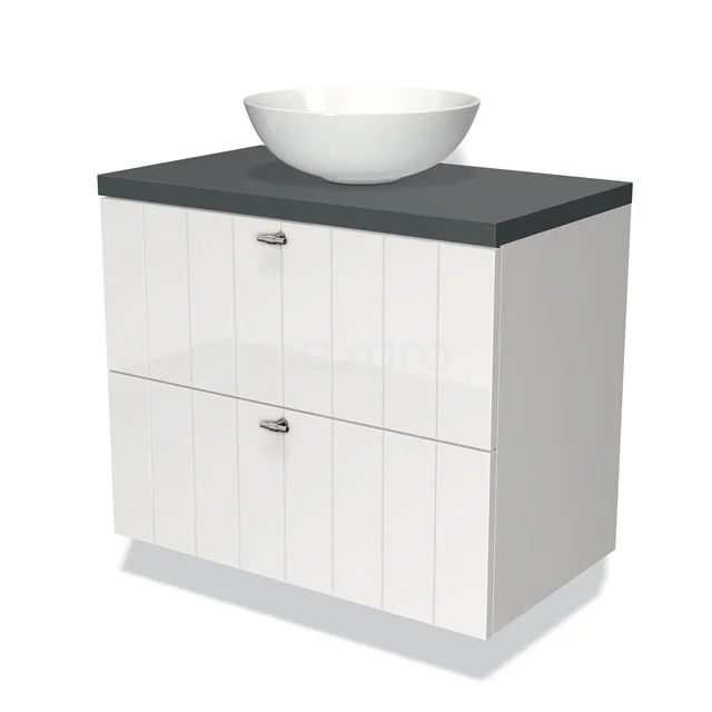 Weißes Badezimmermöbel mit zwei Schubladen, schwarzer Waschtischplatte und runder Schüssel; schlichtes Design mit modernem Erscheinungsbild.