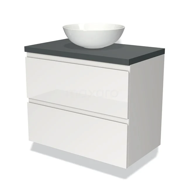 Waschtischunterschrank mit Konsole 80cm Modulo Plato Hochglanz Weiß 2 Schubladen Grifflos Dunkelgrau Platte BMK17-00503 Weißes Badezimmermöbel mit grauer Waschtischplatte und ovalem Aufsatzwaschbecken, modernes Design mit zwei Schubladen für optimale Badezimmerlagerung.