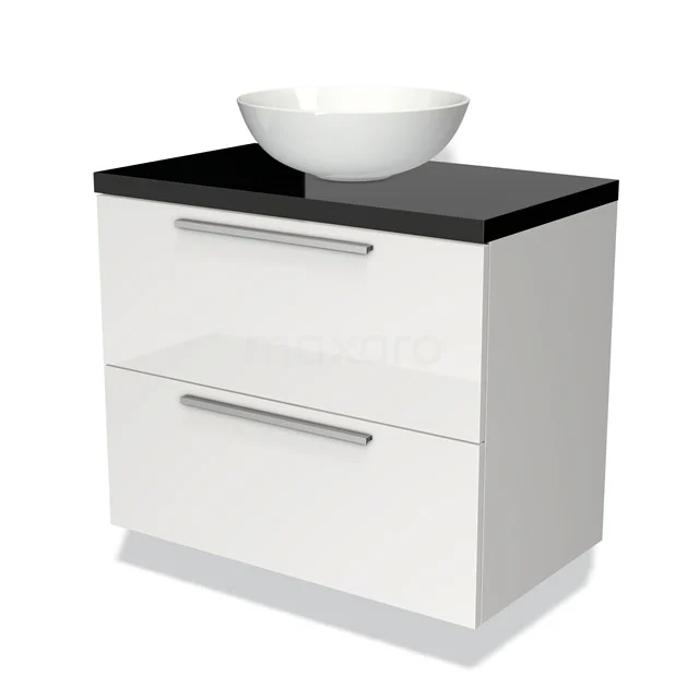 White Bathroom unit with black top, ceramic bowl-shaped vanity units with basin and two drawers, modern design for stylish bathrooms.