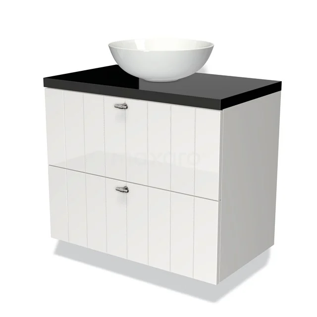 White bathroom unit with black Basin worktop and round basin worktop, modern design, ideal for stylish bathroom decor.
