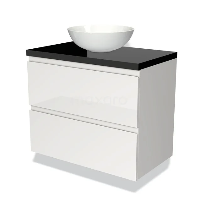 White bathroom furniture set with black top and round countertop wash basin, modern design, ideal for stylish bathrooms.