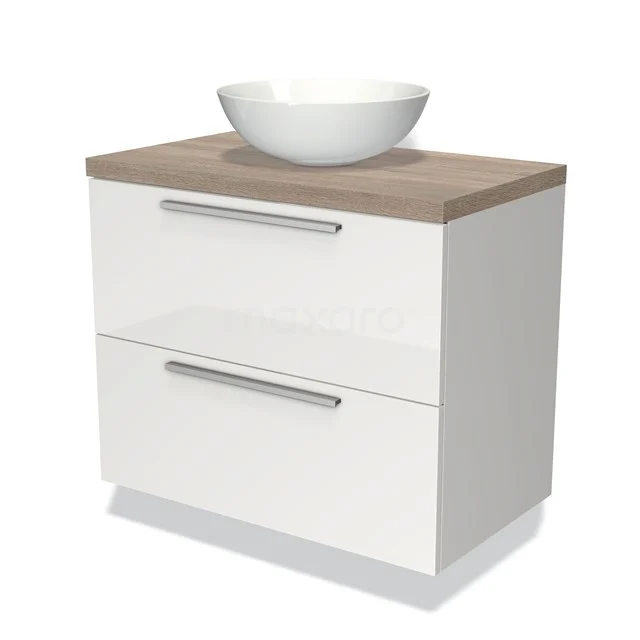 White bathroom unit with wooden worktop and ceramic basin, two drawers with silver handles for modern bathroom storage.