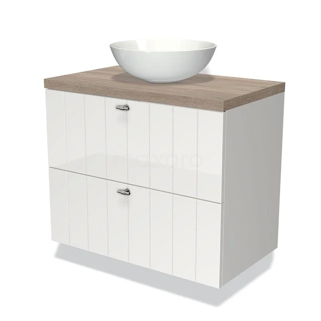 Weißes Badezimmermöbel mit Holzlook Platte, zwei Schubladen und rundem keramischen Aufsatzwaschbecken, ideal für moderne Badezimmergestaltung.