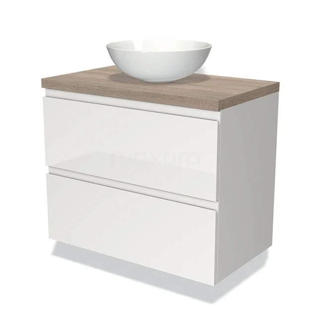 Weißer Badschrank mit Holzplatte, keramischem Aufsatzwaschbecken und Soft-Close-Schubladen, ideal für einen modernen Badezimmerstil.