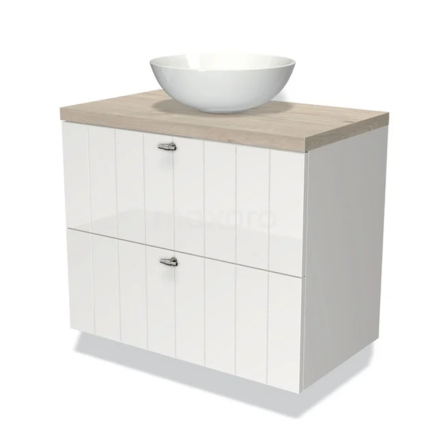 Weißes Badezimmermöbel mit zwei Schubladen, Holzlook Platte und runder Aufsatz Waschbecken; stilvolles und funktionales Design.