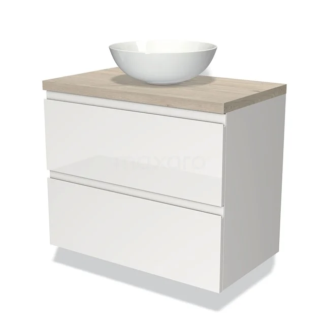 Weißes Badmöbel mit zwei Schubladen, Holzplatte und rundem Waschbecken; modernes Design für stilvolle Bäder.