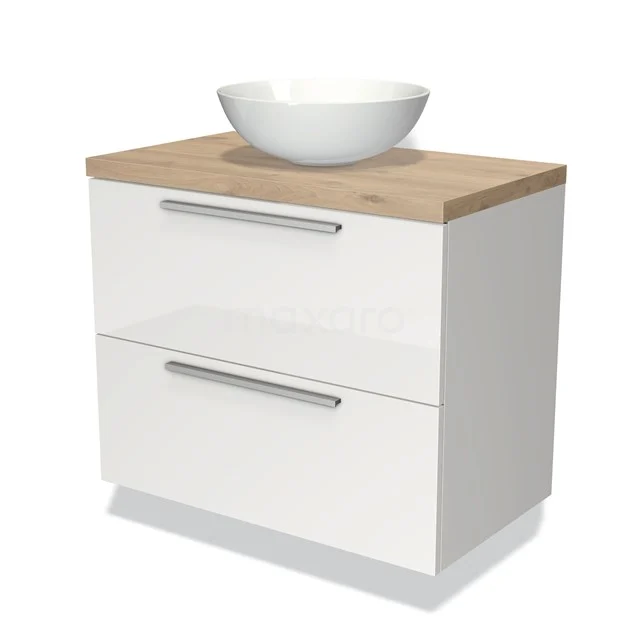 Weiße Badmöbelset mit Holzplatte, rundem Aufsatzwaschbecken und zwei Schubladen, ideal für moderne Bäder.