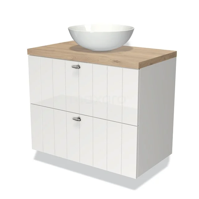 Modulo Plato Vanity units for countertop basin | 80 cm High-gloss white Slat front Light brown oak worktop 2 Stacked drawers BMK17-00514 White bathroom unit with wooden worktop and round basin; modern, practical storage space for the bathroom.