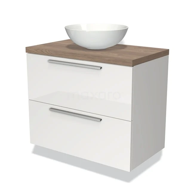 White bathroom unit with wood-look worktop and round countertop wash basin, 2 drawers with silver handles; modern design and sleek design.