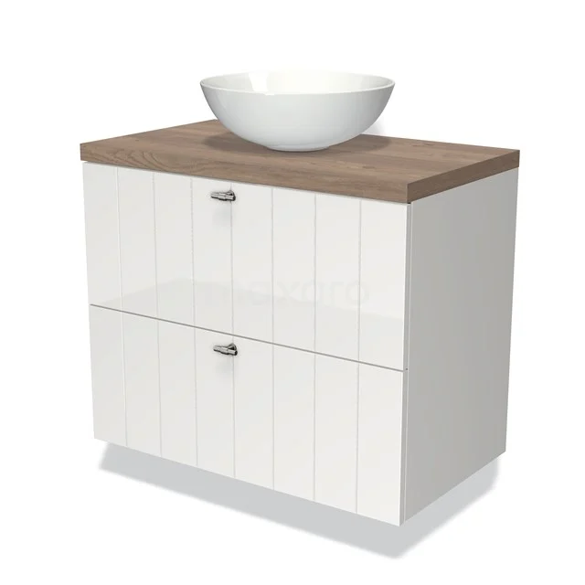 Weißer Badschrank mit zwei Schubladen, Holzplatte und rundem Aufsatzwaschbecken; modernes Design, ideal für ein stilvolles Badezimmer.