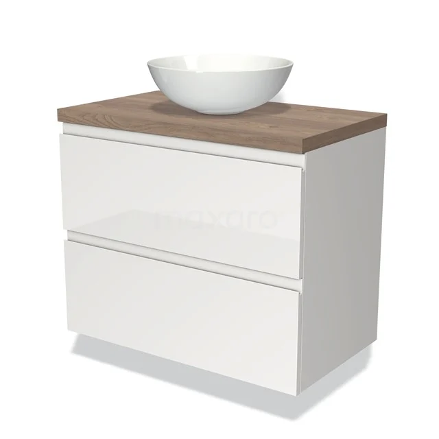 Weißes Badmöbel mit Holzplatte, Aufsatzwaschbecken und zwei Schubladen; modernes Design für stilvolle Badezimmerlagerung.