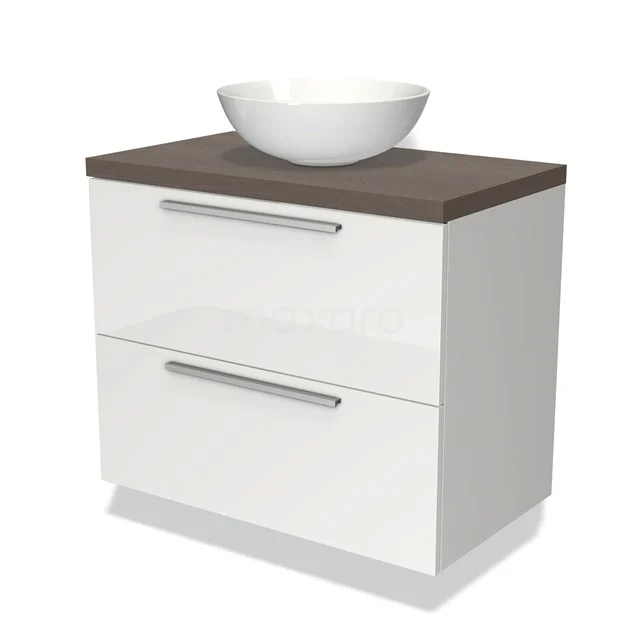 Waschtischunterschrank mit Konsole 80cm Modulo Plato Hochglanz Weiß 2 Schubladen Flach dunkelbraune Eiche Platte BMK17-00519 Weißes Badezimmermöbel mit keramischem Aufsatzwaschbecken, hölzerner Platte und metallischen Haltegriffen, ideal für moderne Badezimmergestaltung.