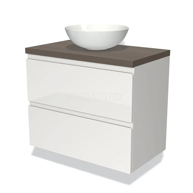 Weißes Badezimmermöbel mit Holzlook Platte und Aufsatzwaschbecken, minimalistisches Design mit zwei Schubladen für zusätzlichen Stauraum.